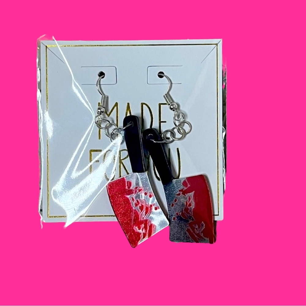 Handmade Halloween bloody hatchet dangle earrings